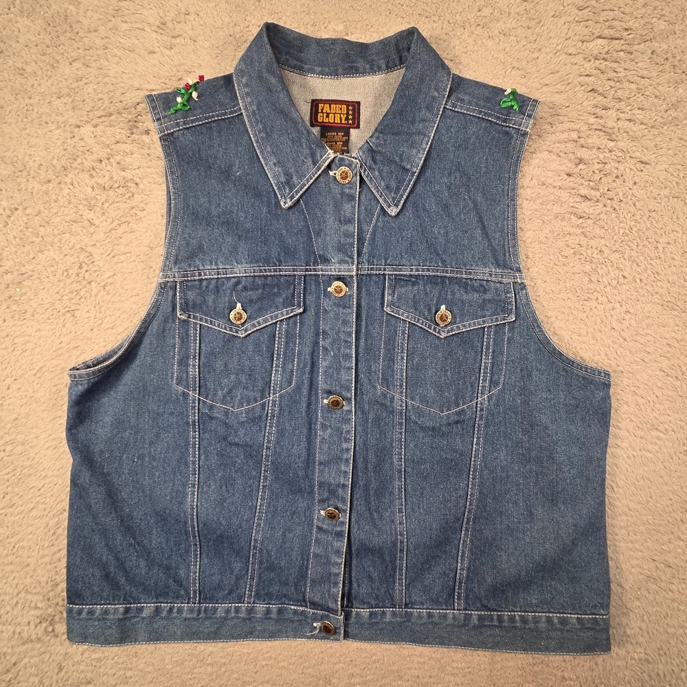 Vintage Faded Glory Denim Vest 18W Floral Western Y2K Blue Embroidered